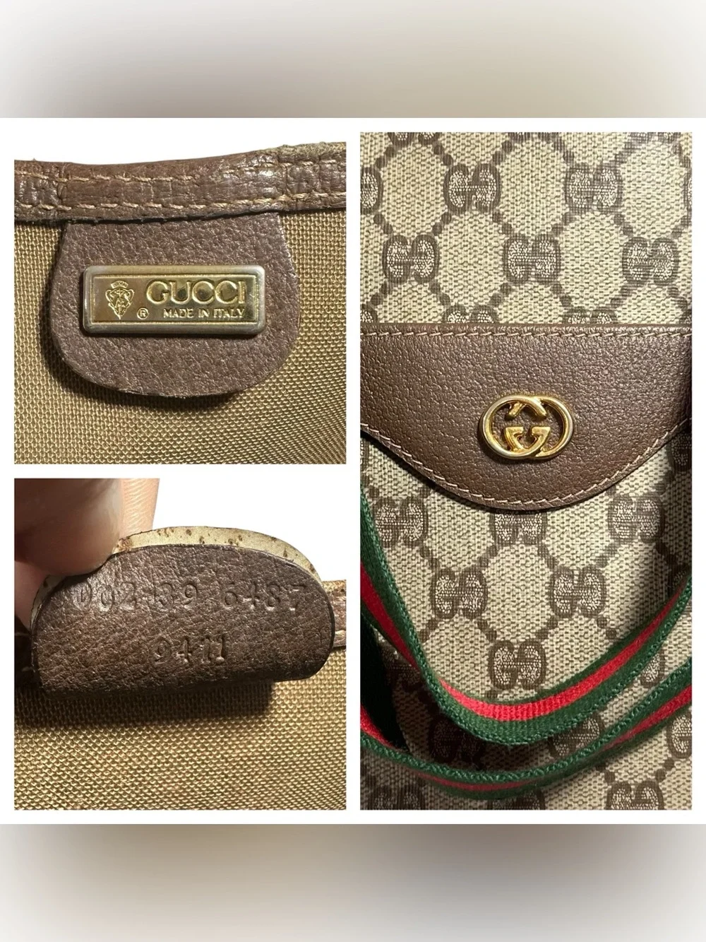 Gucci GG Supreme Canvas & Brown Leather Red Green Sherry Stripe Vintage Tote Bag_3